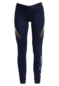 Granatowe legginsy z szerokim czarnym pasem w talii, z żółtymi i białymi skośnymi paskami, oraz brandingiem "ADIDAS" na górze i logo na dole.