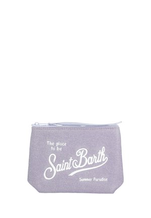 Piccola pochette lavanda con cerniera e testo bianco che dice "The place to be Saint Barth Summer Paradise" sul davanti.