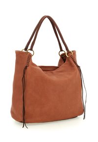 Borsa hobo in pelle marrone con dettagli intrecciati, due manici marroni e frange decorative. Presenta hardware in tonalità oro e una texture morbida.