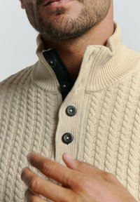 Gebreide crèmekleurige pullover met een hoge kraag, voorzien van gestructureerde kabelpatronen, zwarte rits en zes zwarte knopen. Handgebaar zichtbaar.