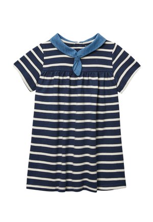 Robe à manches courtes rayée horizontale bleu marine et blanc, taille cintrée et col marin bleu avec un détail de nœud.