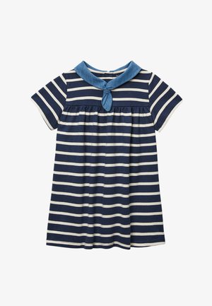 Robe à manches courtes rayée horizontale bleu marine et blanc, taille cintrée et col marin bleu avec un détail de nœud.