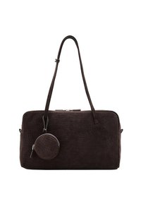 Bolso de ante marrón oscuro con cierre de cremallera, dos asas y una bolsa redonda de monedas desmontable adjunta. Diseño rectangular texturizado.