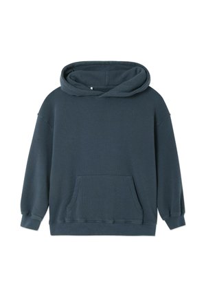 Dunkelblauer Pullover-Hoodie mit langen Ärmeln, Kängurutasche und gerippten Bündchen und Saum.