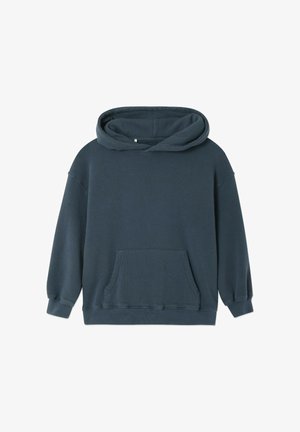 Dunkelblauer Pullover-Hoodie mit langen Ärmeln, Kängurutasche und gerippten Bündchen und Saum.