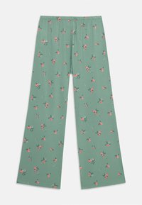 Grønne vide bukser med blomstermønster, inklusive pink blomster og grønne blade; elastisk talje for komfort. Blødt, let stof.