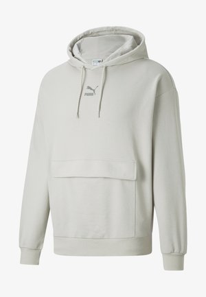 Hoodie gris clair en tissu doux, avec une poche kangourou, des poignets côtelés, une capuche avec cordon de serrage et un petit logo PUMA sur la poitrine.