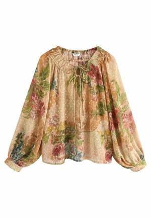 Blouse à manches longues avec motif floral dans des tons doux, encolure froncée avec détail noué et poignets élastiques.