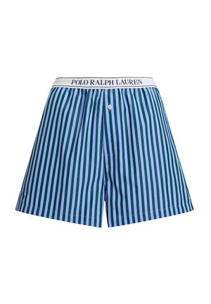 Polo Ralph Lauren herenboxers met verticale groene en lichtblauwe strepen, een contrasterende witte tailleband en een knoopsluiting aan de voorkant.