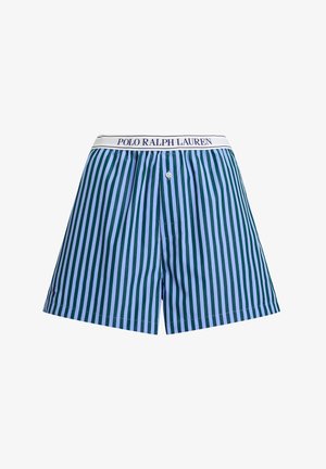 Polo Ralph Lauren herenboxers met verticale groene en lichtblauwe strepen, een contrasterende witte tailleband en een knoopsluiting aan de voorkant.