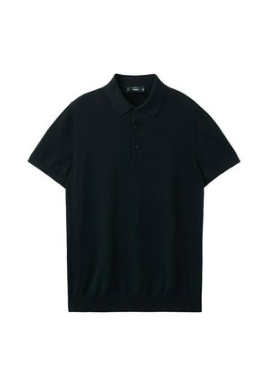 Polo nera a maniche corte con colletto e tre bottoni, mostrata su sfondo bianco.