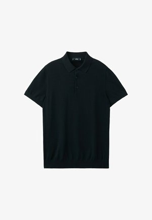 Polo noir à manches courtes avec col et trois boutons, présenté sur un fond blanc.