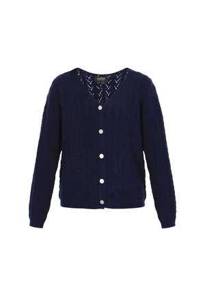Cardigan lavorato a maglia blu navy con maniche lunghe, scollatura a V, bottoni argentati lungo la parte davanti e un motivo a zigzag testurizzato.