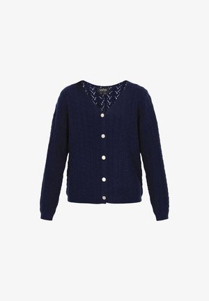 Cardigan lavorato a maglia blu navy con maniche lunghe, scollatura a V, bottoni argentati lungo la parte davanti e un motivo a zigzag testurizzato.