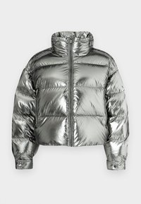 Sudraba krāsas pūdera jaka ar augstu apkakli, polsterētu dizainu, metālisku apdari, priekšējo rāvējslēdzēju un elastīgiem aprocēm. Īss garums, gluda tekstūra.