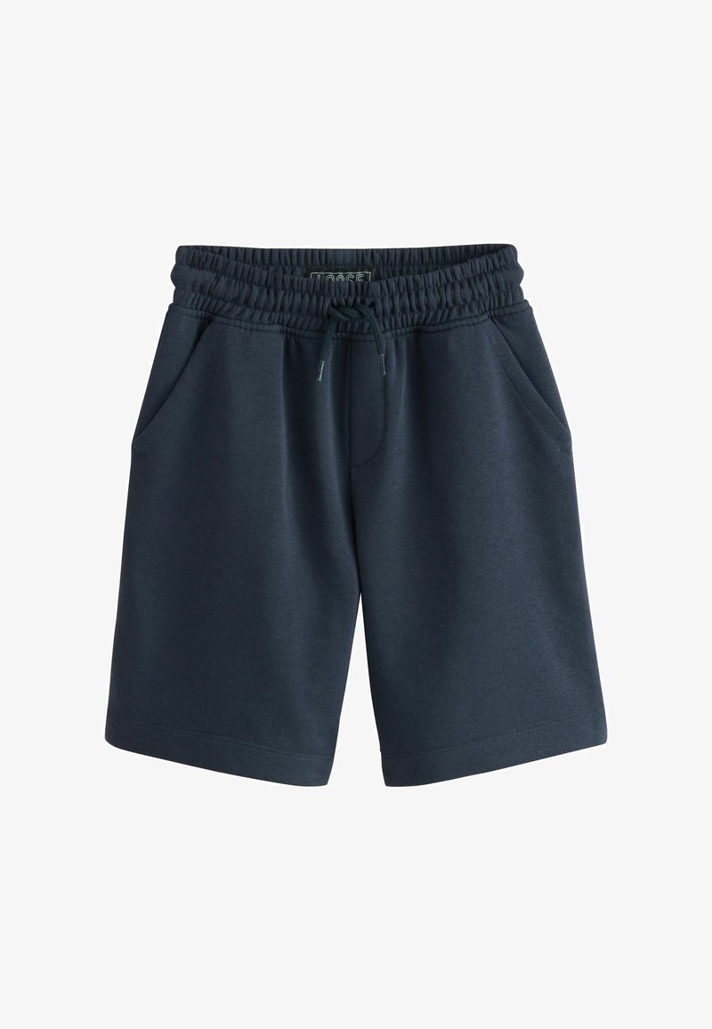 Shorts i mörk marinblått tyg, med elastisk midja och dragsko, två sidfickor och en lös passform. Slät textur.