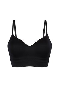 Reggiseno wireless nero realizzato in tessuto morbido. Presenta sottili spalline regolabili, una scollatura a V e un design elegante e senza cuciture.