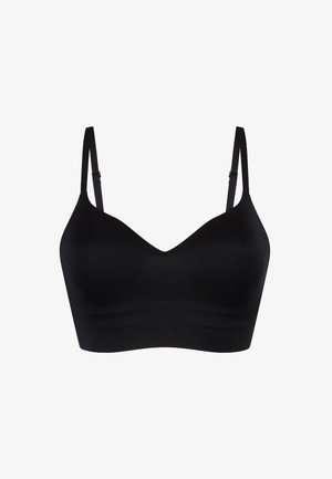 Mustat langattomat rintaliivit, jotka on valmistettu sileästä kankaasta. Ominaisuuksiin kuuluu ohuet säädettävät hihnat, V-mallinen kaula-aukko ja tyylikäs, saumatonta muotoilua.