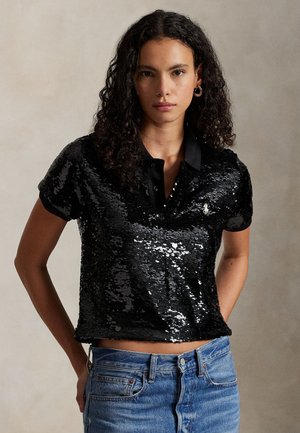 SEQUINED MESH CROP POLO SHIRT - Poloshirts - black