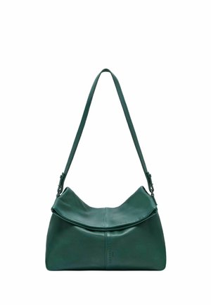 Dunkelgrüne Leder-Umhängetasche mit großem Klappverschluss und verstellbarem Riemen, minimaler Nahtführung und dezent eingeprägtem Markennamen.