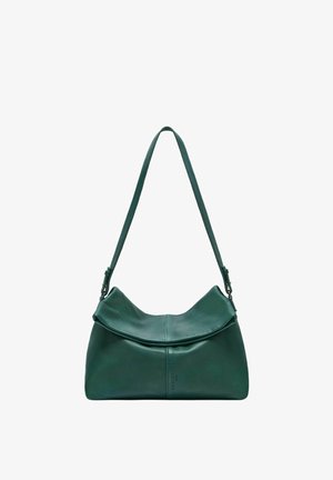 Dunkelgrüne Leder-Umhängetasche mit großem Klappverschluss und verstellbarem Riemen, minimaler Nahtführung und dezent eingeprägtem Markennamen.