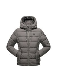 Gray quilted hooded winter jacket with front zipper, drawstrings, angled buttoned pockets, and ribbed cuffs.