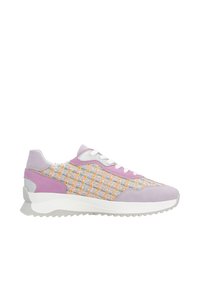 Mehrfarbiger Sneaker mit einem gewebten Obermaterial in Rosa-, Orange- und Grautönen. Mit glatten Leder-Details und einer strukturierten, weißen Sohle.