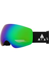 Suojalasit hiihtoon, joissa on kaareva, leveä linssi, jossa on vihreä-lila väriharjoitus. Musta elastinen hihna, jossa on valkoinen kolmiomainen logo.