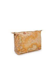 Poche zippée en matériau orange texturé présentant un design de carte vintage. Forme rectangulaire avec bords cousus et accents en matériel doré.