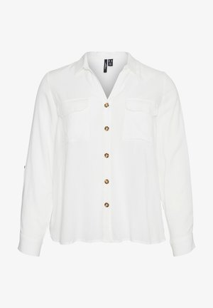 Witte blouse met knopen, gemaakt van een lichtgewicht stof, met een kraag, lange mouwen, twee borstzakken en bruine knopen.