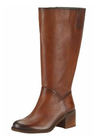 Brun knæhøj læderstøvle med blokhæl og glat finish, med elastisk sidepanel for nem pasform.