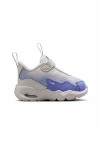 Παιδικό άσπρο και λεβαντίνι αθλητικό παπούτσι με θηλιές για να το τραβάει κανείς, επάνω μέρος από δίχτυ, λουράκι με βέλκρο και μαλακή σόλα με ορατή μονάδα αέρα.