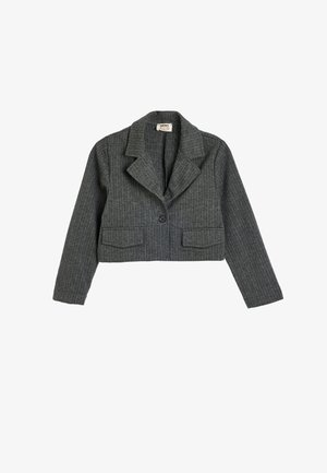 Grå, kort blazer lavet af struktureret stof med lodrette striber, normalt revers, enkelt knaplukning og to forlommer.