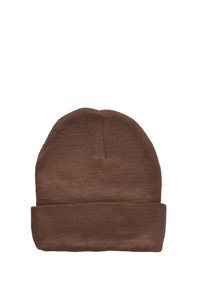 Berretto di maglia marrone con una texture morbida, dotato di una cuffia piegata e una parte superiore leggermente arrotondata. Semplice, di colore uniforme senza motivi.