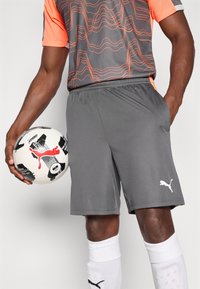 Grå idrettsshorts laget av lett materiale, med elastisk midjebånd og Puma-logo. En fotball holdes i venstre hånd.