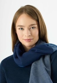 Écharpe bleu marine à la texture lisse, présentant des nuances de bleu variées. Portée lâche autour du cou, assortie à un pull sombre.