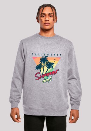 Grauer Sweatshirt mit Rundhalsausschnitt und langen Ärmeln. Verfügt über ein farbenfrohes Grafikdesign mit Palmen und dem Text "Kalifornische Sommertage".