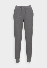 Grijze geribbelde tricot joggers met een trekkoord tailleband en aansluitende boorden. Zachte textuur en een losse pasvorm.