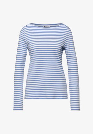 Trui met lange mouwen met lichtblauwe en witte horizontale strepen en een bootnek.