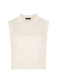 Maglione cropped senza maniche in crema, caratterizzato da un knit testurizzato con motivi geometrici, un collo alto e un orlo a coste.