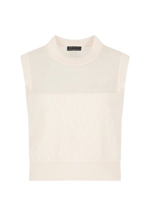 Maglione cropped senza maniche in crema, caratterizzato da un knit testurizzato con motivi geometrici, un collo alto e un orlo a coste.