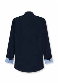 Marineblauses Hemd mit langem Arm, spitzem Kragen, hellblauen Manschetten und abgerundetem Saum. Hergestellt aus glattem Stoff mit sauberen Nähten und Knöpfen.