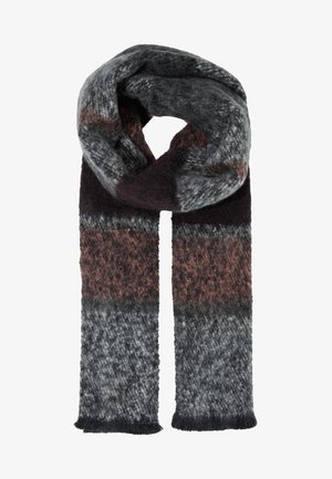 Écharpe en tricot doux avec de larges rayures horizontales dans des tons gris, noirs et marron, pliée en boucle.