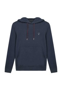 Sudadera azul marino hecha de tela suave, con un bolsillo frontal, cordones en contraste y un pequeño logo de un árbol en el pecho.
