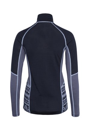 Langärmliges, eng anliegendes Oberteil in Dunkelblau mit hellgrauen Akzenten. Verfügt über ein strukturiertes Muster an den Seiten, einen hohen Kragen und ein sportliches Design.