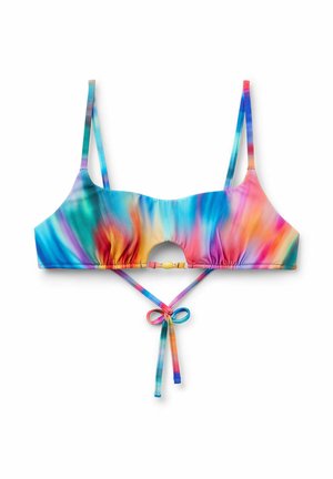 Färgglad bikiniöverdel med batikmönster i nyanser av blått, rosa och orange. Har tunna remmar, elastiskt band och knappstängning.