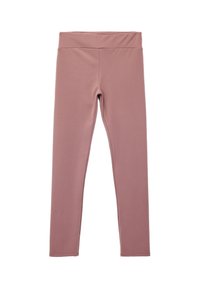 Rosa Leggings aus dehnbarem Material mit einem breiten Bund, glatter Textur und tailliertem Design, geeignet für Sportbekleidung oder den Freizeitgebrauch.