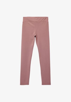 Leggings roses en matériau extensible avec une large taille, texture lisse et design ajusté, adaptés à un usage actif ou décontracté.