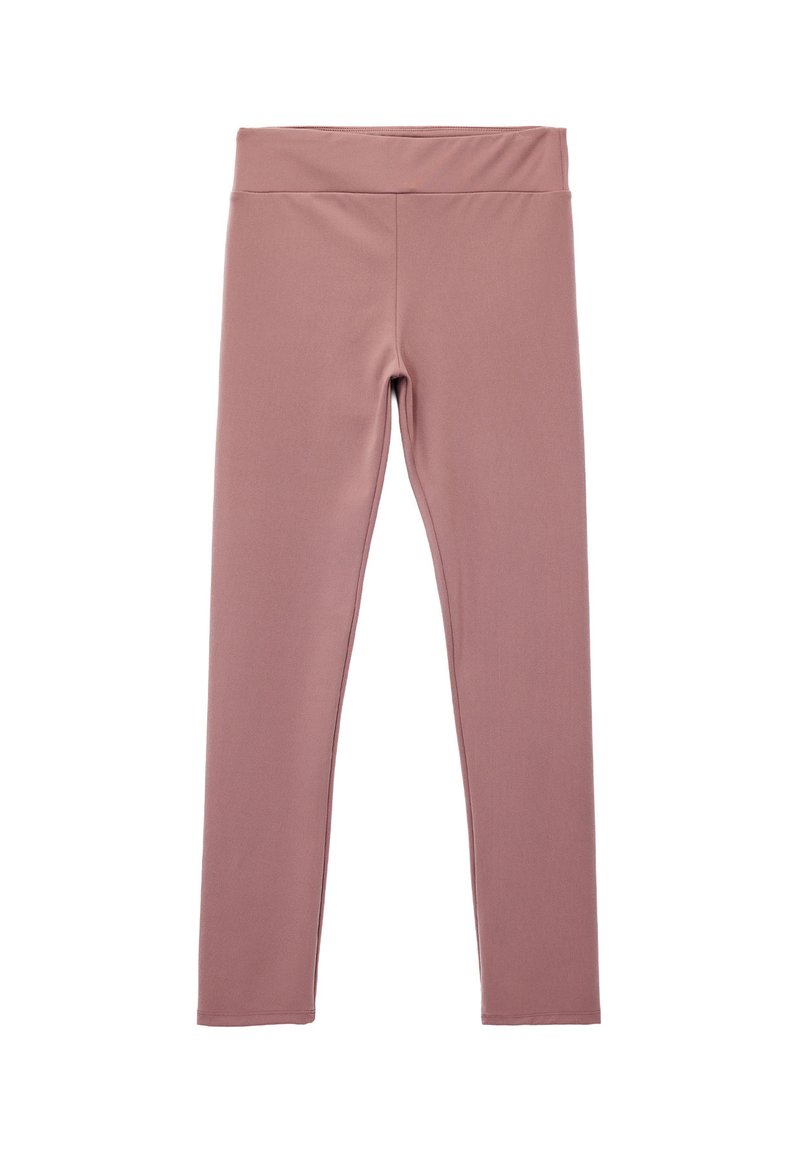 Rosa Leggings aus dehnbarem Material mit einem breiten Bund, glatter Textur und tailliertem Design, geeignet für Sportbekleidung oder den Freizeitgebrauch.