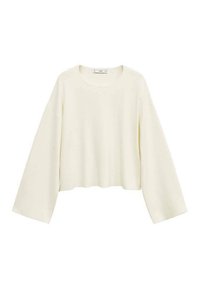 Top à manches longues coupé dans un tissu crème doux. Présente un col rond et une coupe décontractée avec des manches larges, offrant un design minimaliste.
